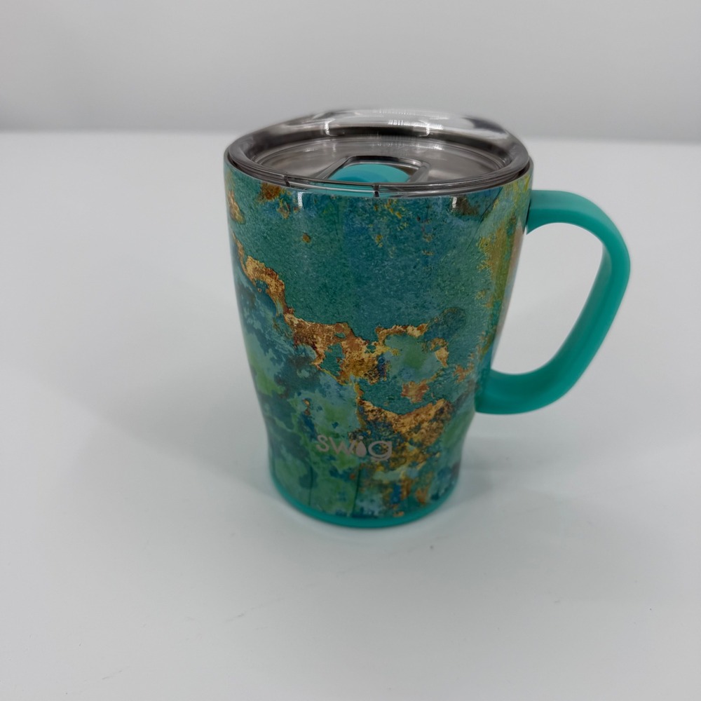 Swig Life Coffee Mug 18oz Teal Gold Marble Insulated Stainless Steel Travel Cup